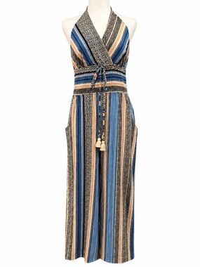 Venus Boho Striped Halter Romper Elastic Waist Wide Leg Culotte Size Large